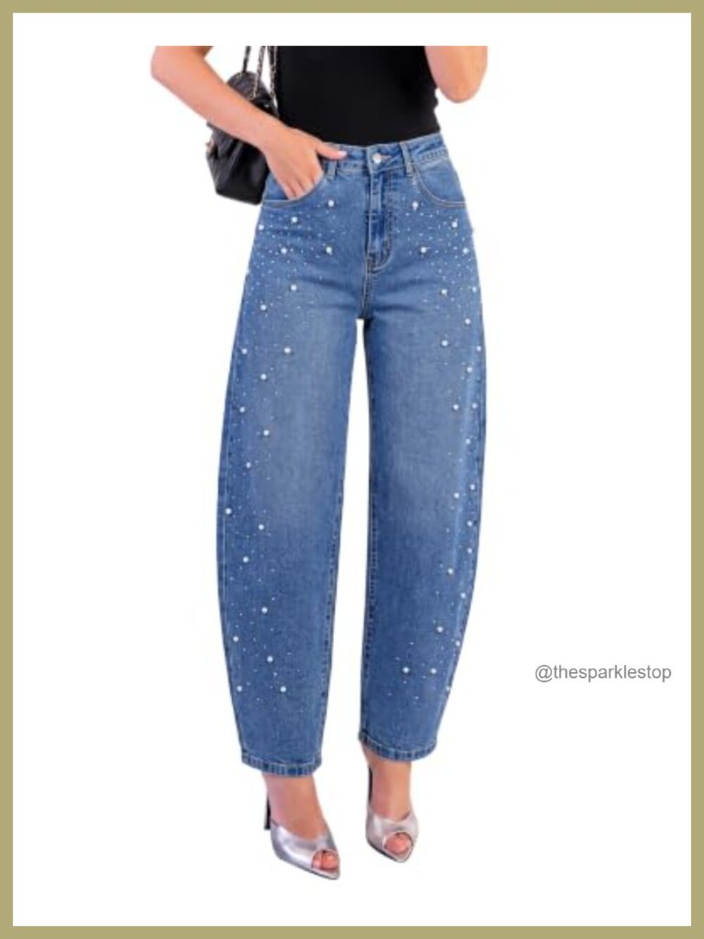 GRAPENT High Rise Barrel Jeans Rhinestone Pearl Embellished Sparkly Denim Pants